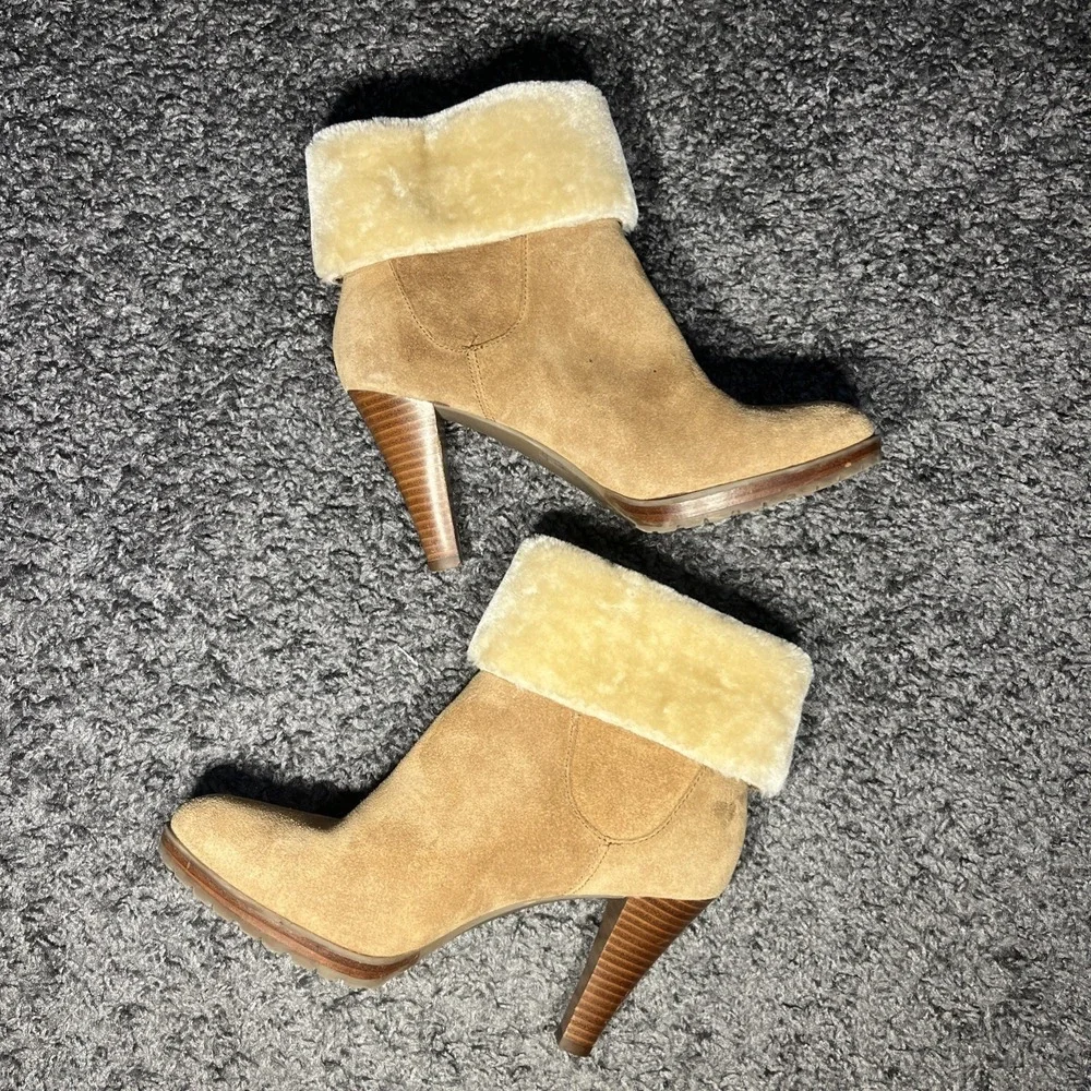 Annie Klein Tan 9.5 Leather Rolled Top Faux Fur Heel‎ Bootie Side Zip